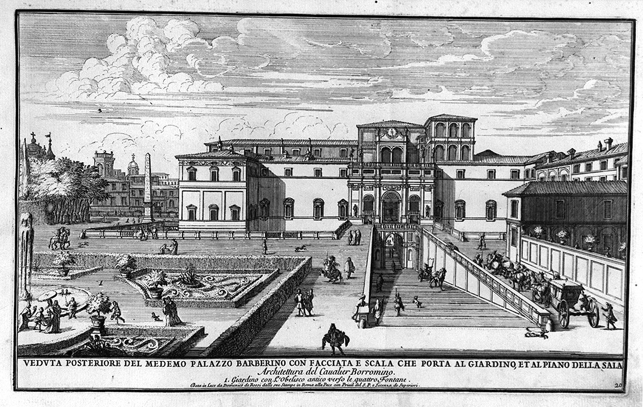 veduta della facciata posteriore e del giardino di palazzo Barberini a Rom a (stampa, elemento d'insieme) di Specchi Alessandro (sec. XVII)