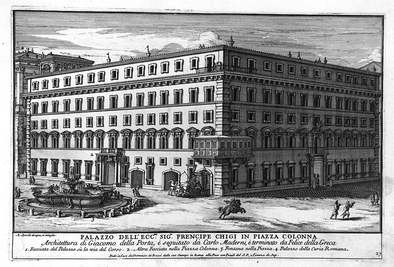veduta di palazzo Chigi in piazza Colonna a Roma (stampa, elemento d'insieme) di Specchi Alessandro (sec. XVII)