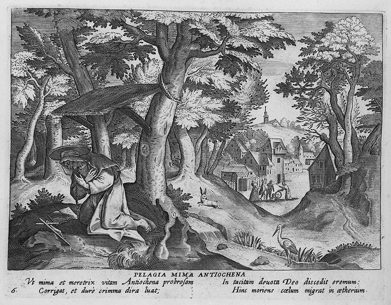 meretrice Pelagia in eremitaggio dopo la sua conversione (stampa, elemento d'insieme) di Collaert Adriaen, Vos Marten de (sec. XVII)