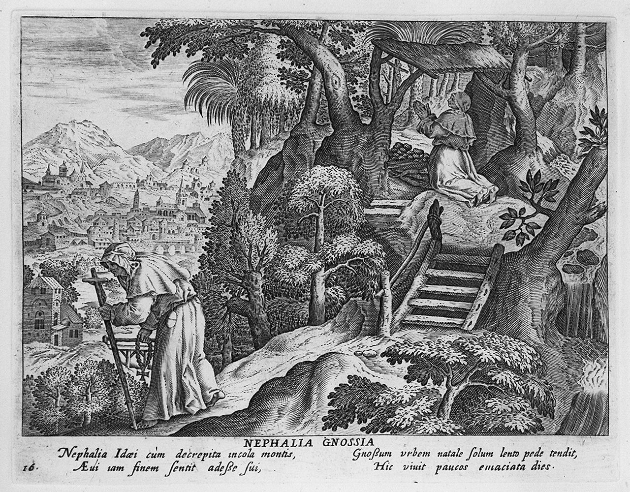 Nefalia torna nella città natale dopo un lungo eremitaggio (stampa, elemento d'insieme) di Collaert Adriaen, Vos Marten de (sec. XVII)