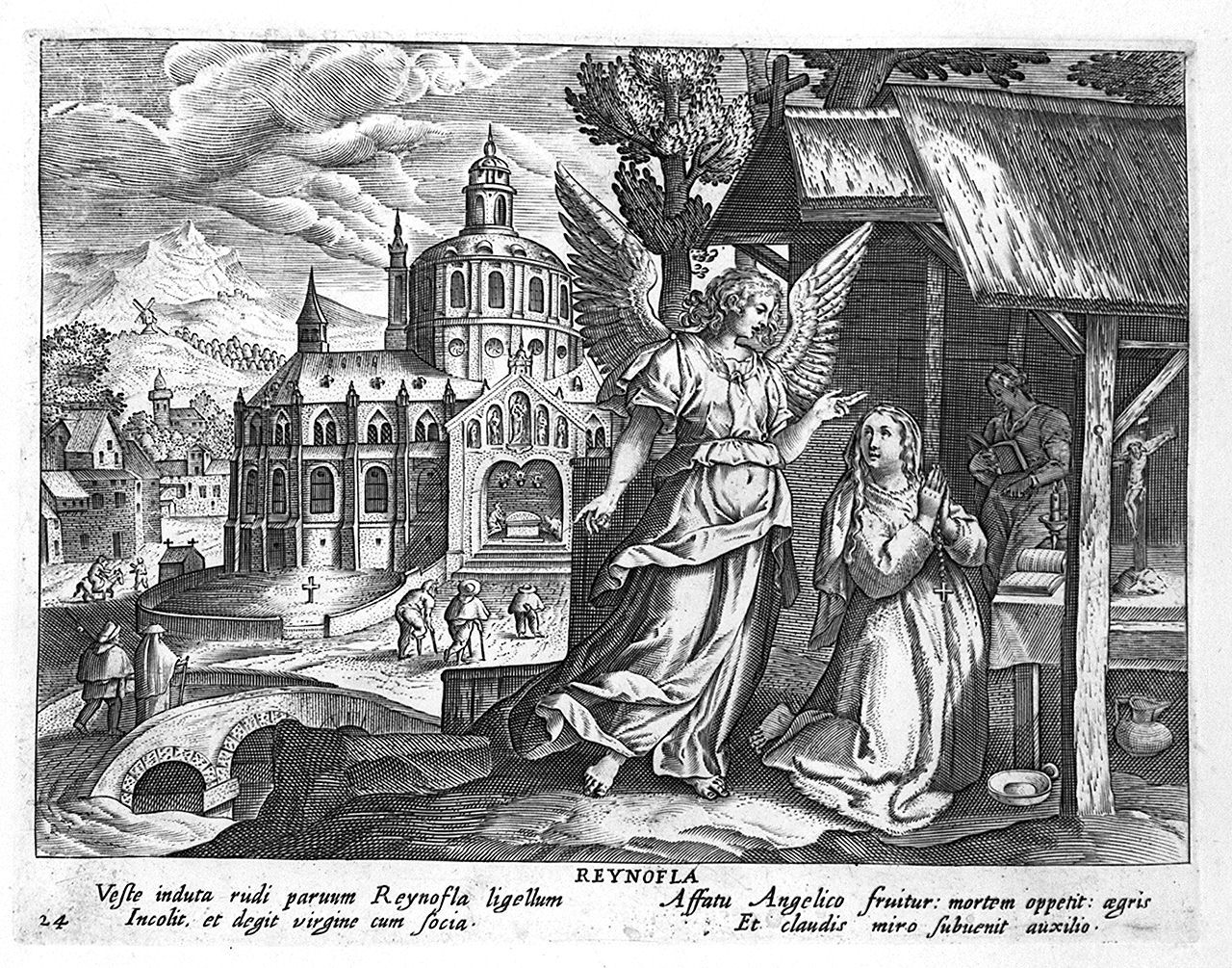 Reynofla riceve la visita di un angelo (stampa, elemento d'insieme) di Collaert Adriaen, Vos Marten de (sec. XVII)