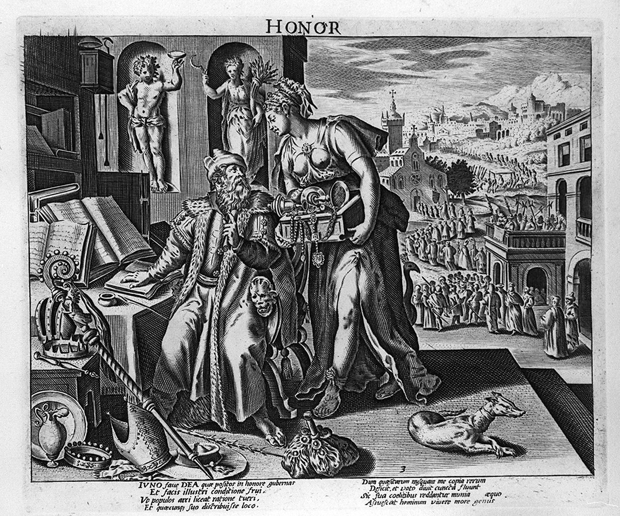 allegoria dell'onore (stampa, elemento d'insieme) di Sadeler Raphael il Vecchio, Vos Marten de (seconda metà sec. XVI, sec. XVII)
