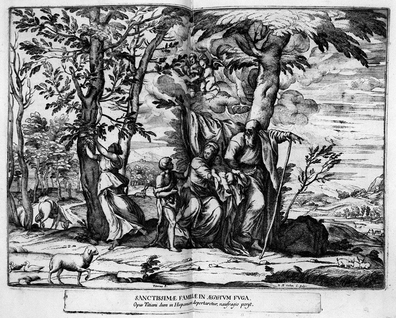 riposo nella fuga in Egitto (stampa, stampa composita) di Cochin Noel, Vecellio Tiziano (sec. XVII)