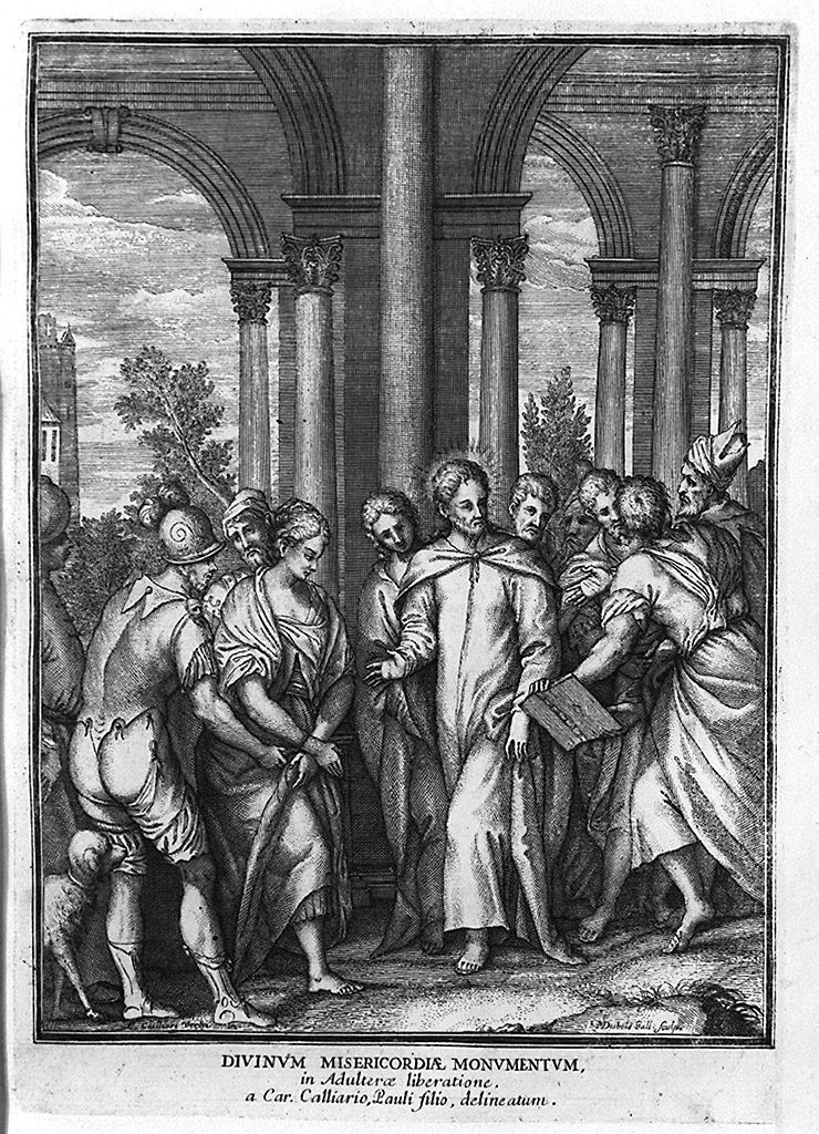 Cristo e l'adultera (stampa, elemento d'insieme) di Desbois Martial, Caliari Carlo detto Caliari Carletto (sec. XVII)