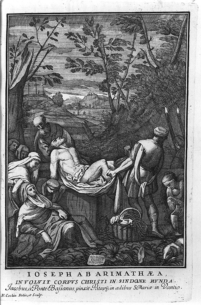 deposizione di Cristo nel sepolcro (stampa, elemento d'insieme) di Cochin Noel, Dal Ponte Jacopo detto Jacopo Bassano (sec. XVII)