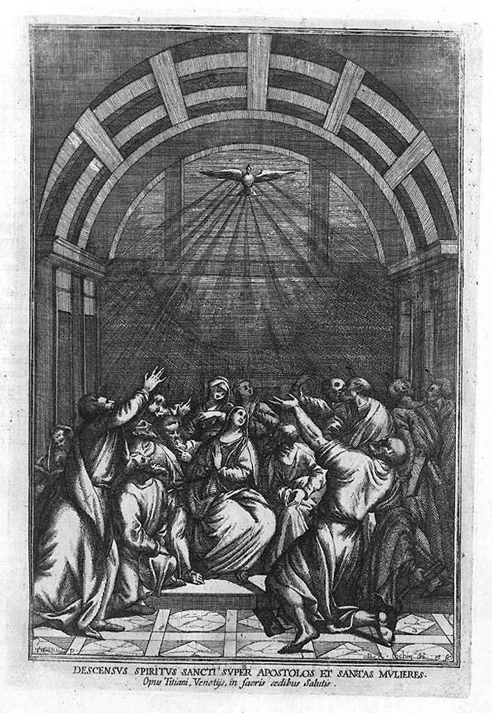 pentecoste (stampa, elemento d'insieme) di Cochin Noel, Vecellio Tiziano (sec. XVII)