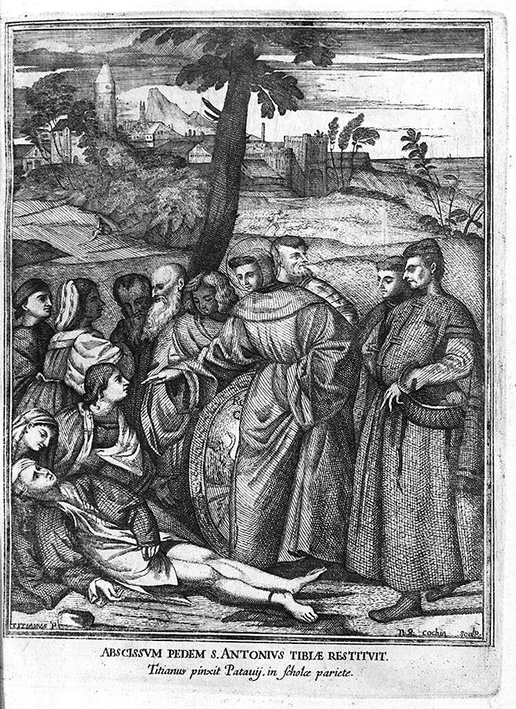 Sant'Antonio da Padova e il miracolo del piede risanato (stampa, elemento d'insieme) di Cochin Noel, Vecellio Tiziano (sec. XVII)