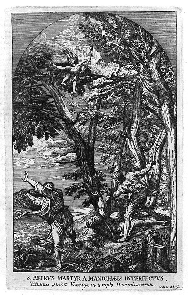 morte di San Pietro martire (stampa, elemento d'insieme) di Cochin Noel, Vecellio Tiziano (sec. XVII)