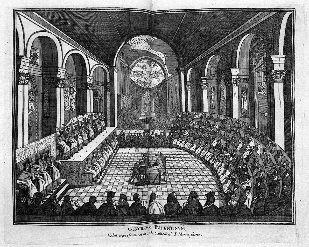 seduta del concilio di Trento all'interno del duomo (stampa, elemento d'insieme) di Cochin Noel, Moroni Giovan Battista (attribuito) (sec. XVII)