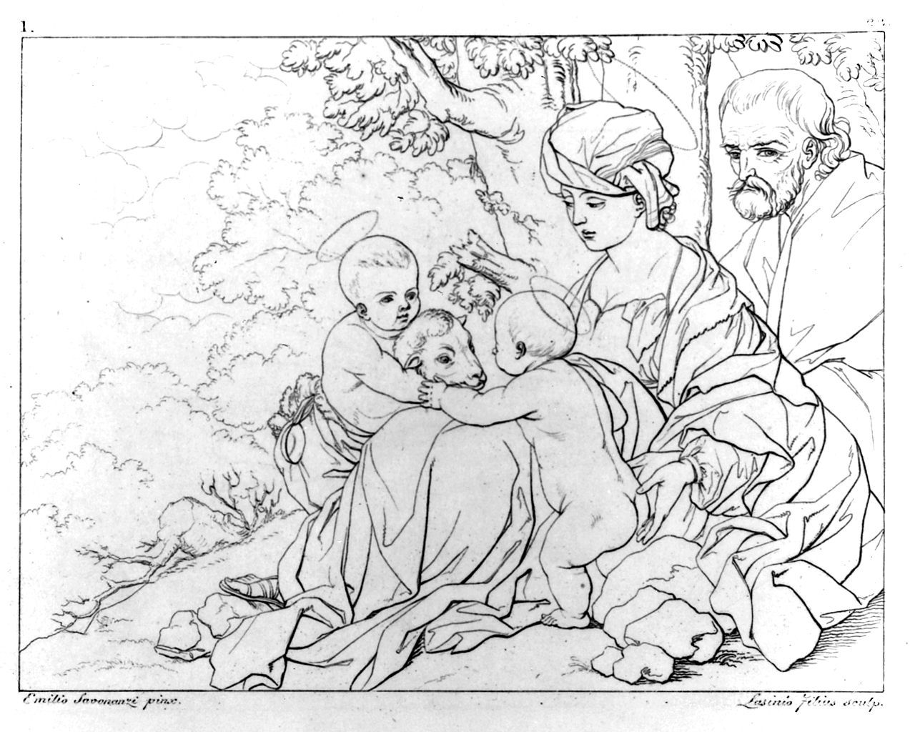 Sacra Famiglia con San Giovanni Battista bambino (stampa, elemento d'insieme) di Lasinio Giovanni Paolo, Gozzini Vincenzo, Savonanzi Emilio (sec. XIX)