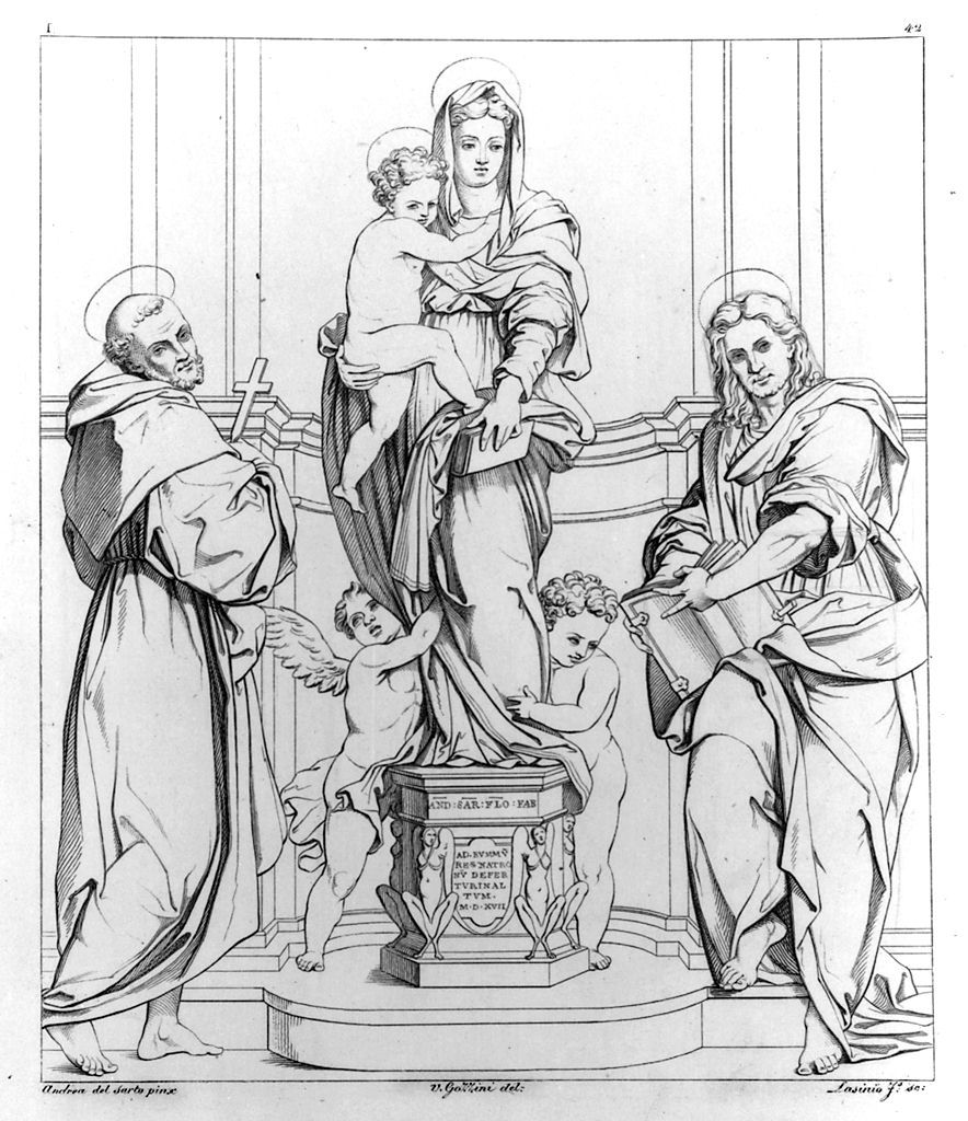 Madonna delle arpie, Madonna con Bambino tra San Francesco e San Giovanni Evangelista (stampa, elemento d'insieme) di Lasinio Giovanni Paolo, Gozzini Vincenzo, Andrea d'Agnolo detto Andrea del Sarto (sec. XIX)