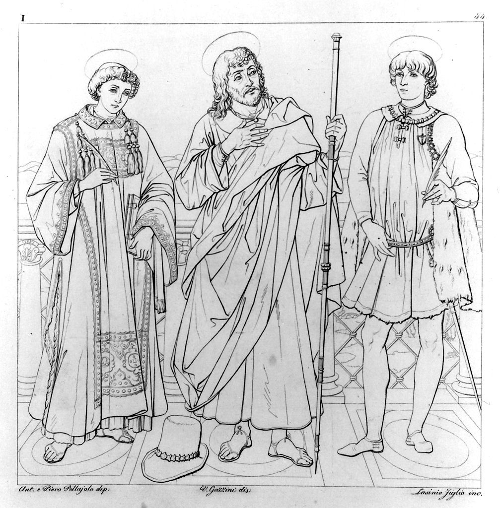 Pala dei tre santi, San Vincenzo diacono, San Giacomo apostolo e Sant'Eustachio (stampa, elemento d'insieme) di Lasinio Giovanni Paolo, Gozzini Vincenzo, Benci Piero di Iacopo detto Pollaiolo (sec. XIX)