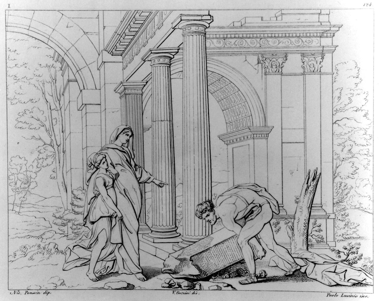 Teseo trova la spada e i calzari del padre Egeo sotto un masso (stampa, elemento d'insieme) di Lasinio Giovanni Paolo, Gozzini Vincenzo, Poussin Nicolas (sec. XIX)