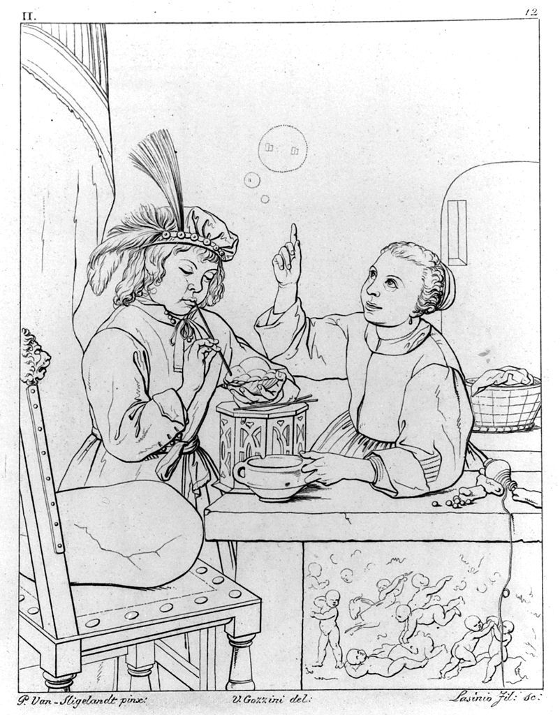 interno con bambini che giocano con bolle di sapone (stampa, elemento d'insieme) di Lasinio Giovanni Paolo, Gozzini Vincenzo (sec. XIX)