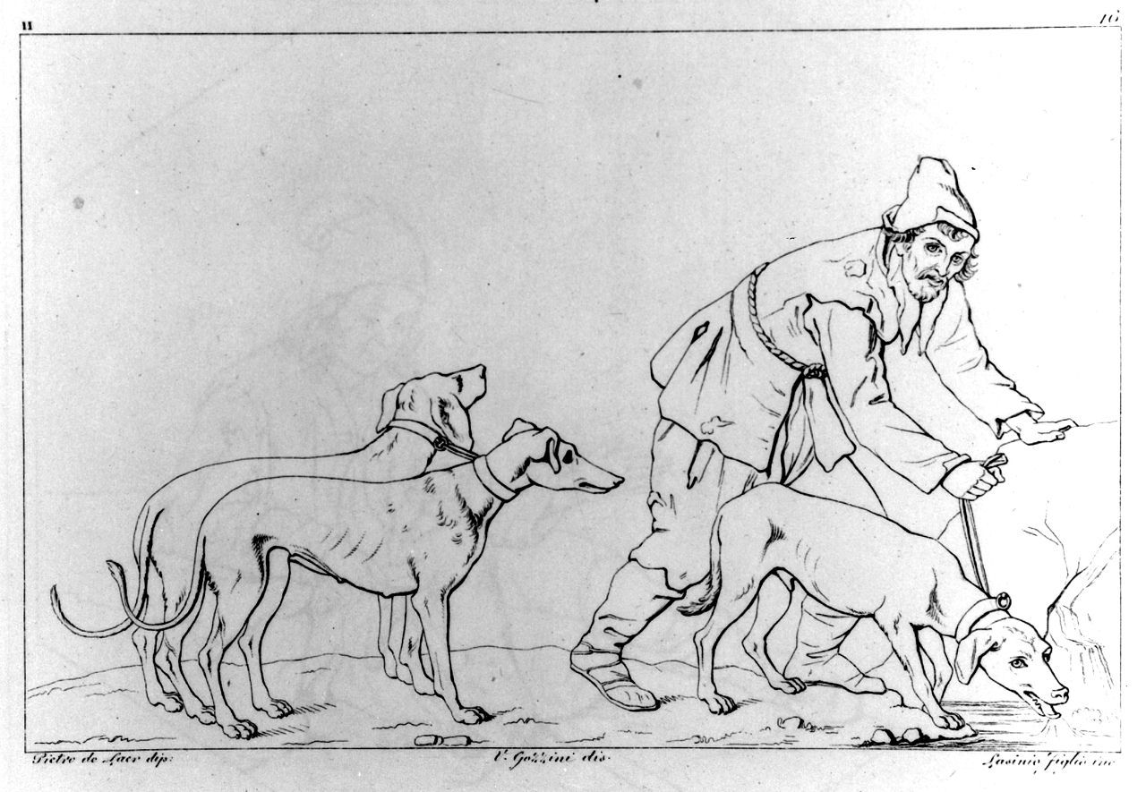 uomo che abbevera dei cani (stampa, elemento d'insieme) di Lasinio Giovanni Paolo, Gozzini Vincenzo, Cerquozzi Michelangelo detto Michelangelo delle Bambocciate (sec. XIX)