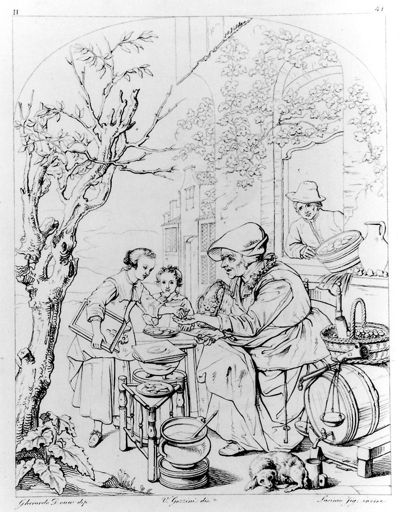 venditrice di frittelle (stampa, elemento d'insieme) di Lasinio Giovanni Paolo, Gozzini Vincenzo, Dou Gerrit (sec. XIX)