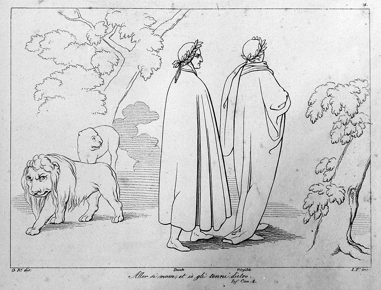 Dante e Virgilio nella selva oscura (stampa, elemento d'insieme) di Lasinio Giovanni Paolo, Rossi Giuseppe, Flaxman John (sec. XVIII, sec. XIX)