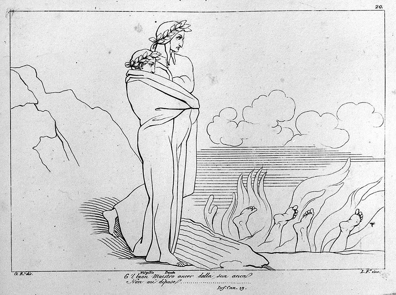 Dante e Virgilio osservano i simoniaci tra le fiamme dell'inferno (stampa, elemento d'insieme) di Lasinio Giovanni Paolo, Rossi Giuseppe, Flaxman John (sec. XVIII, sec. XIX)