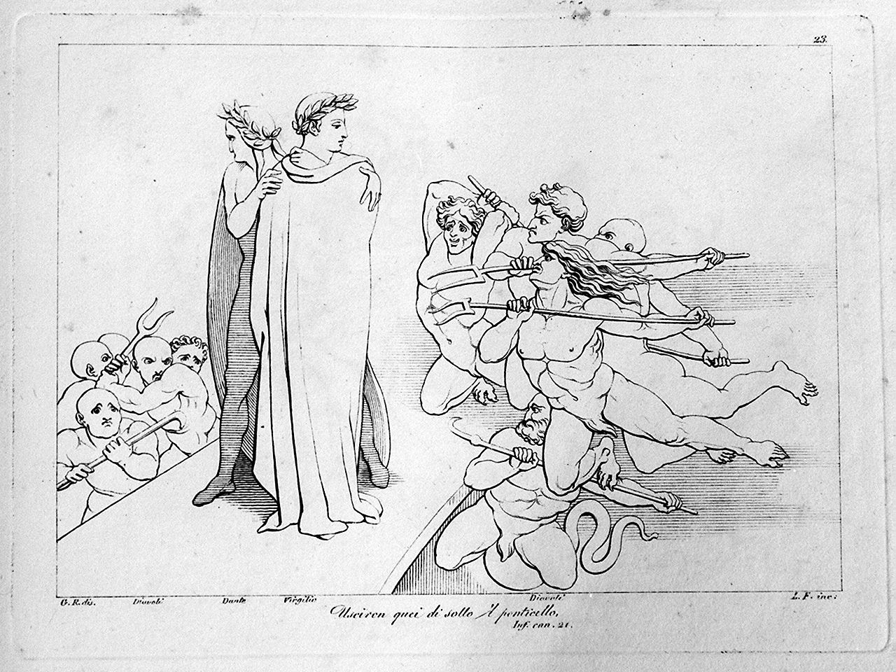 Dante e Virgilio circondati da diavoli minacciosi (stampa, elemento d'insieme) di Lasinio Giovanni Paolo, Rossi Giuseppe, Flaxman John (sec. XVIII, sec. XIX)