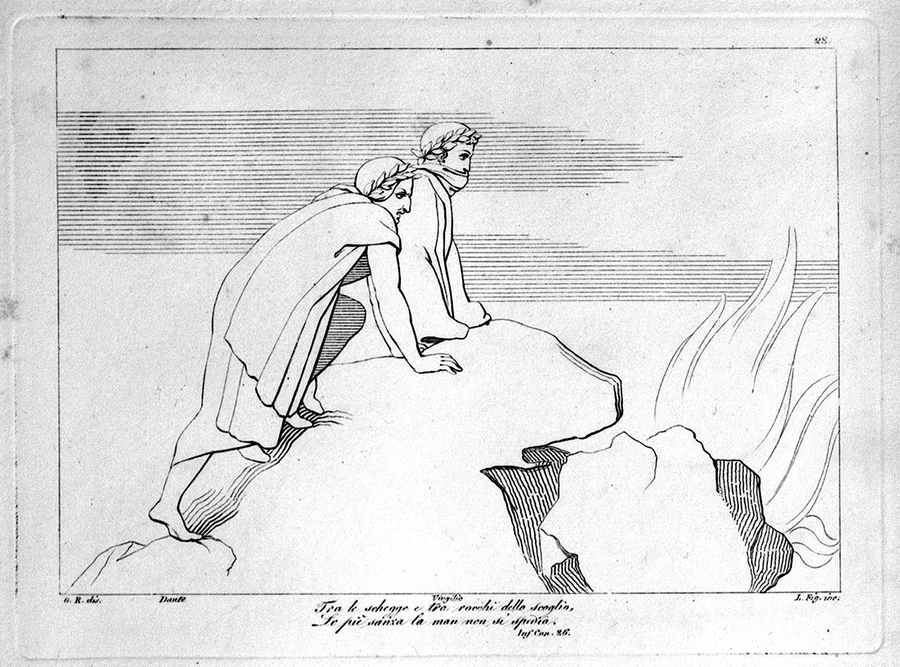Dante e Virgilio appoggiati a una roccia (stampa, elemento d'insieme) di Lasinio Giovanni Paolo, Rossi Giuseppe, Flaxman John (sec. XVIII, sec. XIX)