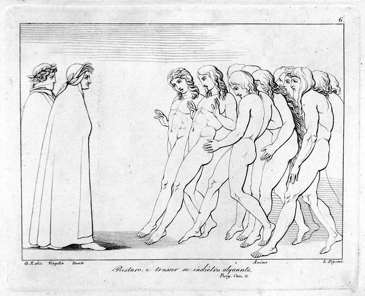 Dante e Virgilio incontrano un gruppo di anime del purgatorio (stampa, elemento d'insieme) di Lasinio Giovanni Paolo, Rossi Giuseppe, Flaxman John (sec. XVIII, sec. XIX)