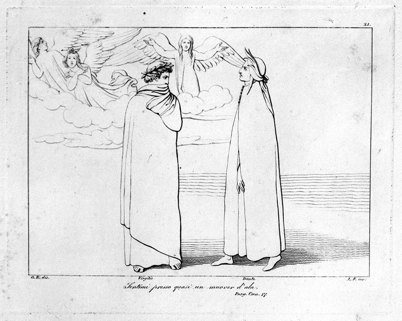 angelo della mansuetudine appare a Dante e Virgilio (stampa, elemento d'insieme) di Lasinio Giovanni Paolo, Rossi Giuseppe, Flaxman John (sec. XVIII, sec. XIX)