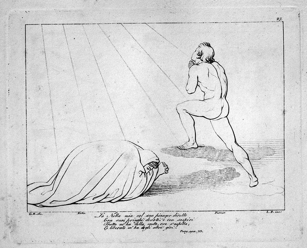 Forese Donati risale il purgatorio grazie alle preghiere della moglie Nella (stampa, elemento d'insieme) di Lasinio Giovanni Paolo, Rossi Giuseppe, Flaxman John (sec. XIX)