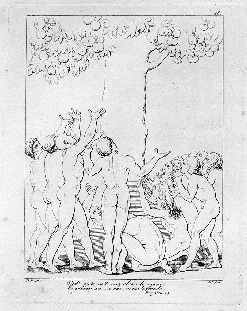 anime del purgatorio attorno ad un albero carico di pomi (stampa, elemento d'insieme) di Lasinio Giovanni Paolo, Rossi Giuseppe, Flaxman John (sec. XVIII, sec. XIX)
