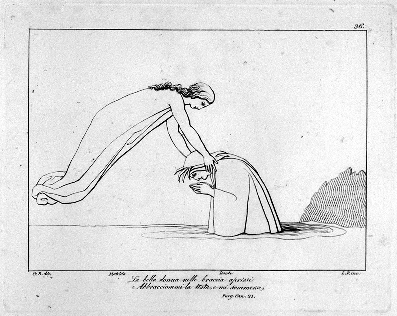 Matelda immerge Dante nelle acque del Lete (stampa, elemento d'insieme) di Lasinio Giovanni Paolo, Rossi Giuseppe, Flaxman John (sec. XVIII, sec. XIX)