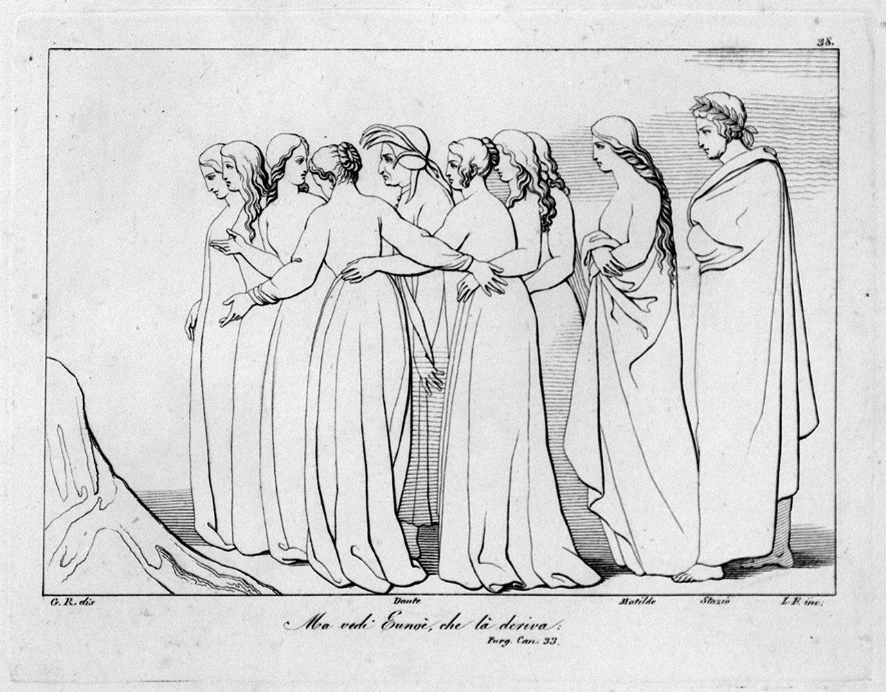 Matelda con anime del purgatorio conduce Dante e Stazio a bere l'acqua dell'Eunoe' (stampa, elemento d'insieme) di Lasinio Giovanni Paolo, Rossi Giuseppe, Flaxman John (sec. XVIII, sec. XIX)