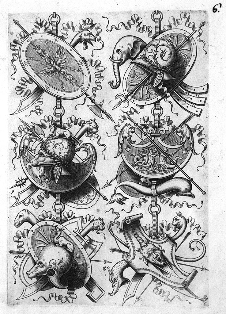 armi e simboli guerreschi (stampa, elemento d'insieme) di Caldara Polidoro detto Polidoro da Caravaggio (sec. XVI)