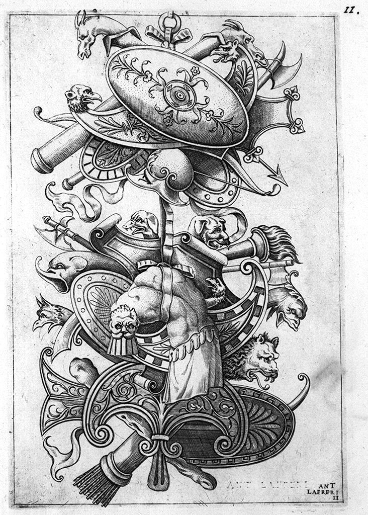 armi e simboli guerreschi (stampa, elemento d'insieme) di Caldara Polidoro detto Polidoro da Caravaggio (sec. XVI)