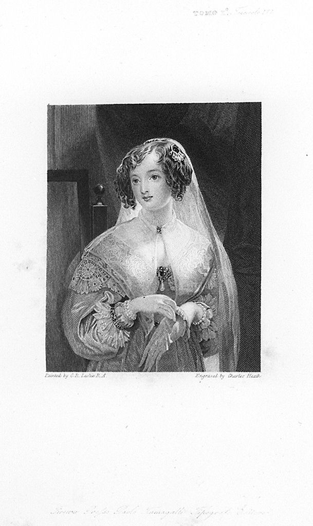 ritratto di donna in abito da sposa (stampa, elemento d'insieme) di Heath Charles il Vecchio, Leslie Charles Robert (sec. XIX)
