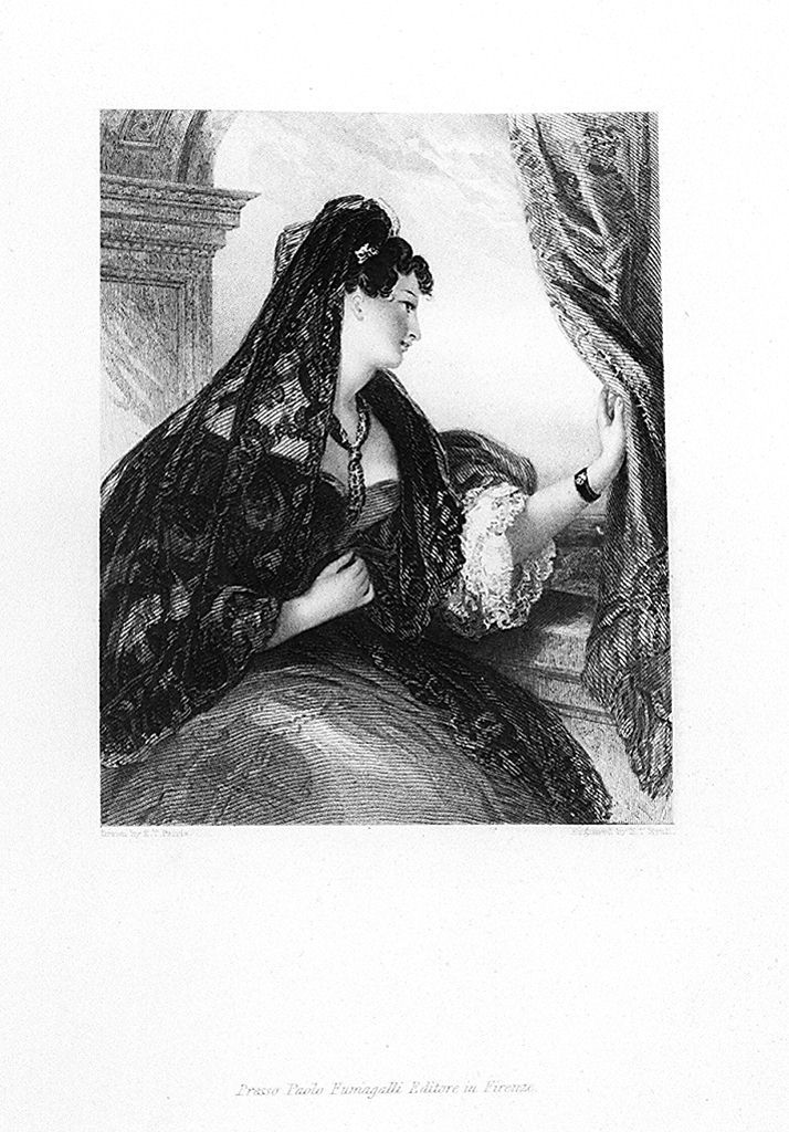 donna spagnola alla finestra (stampa, elemento d'insieme) di Ryall Henry Thomas (sec. XIX)