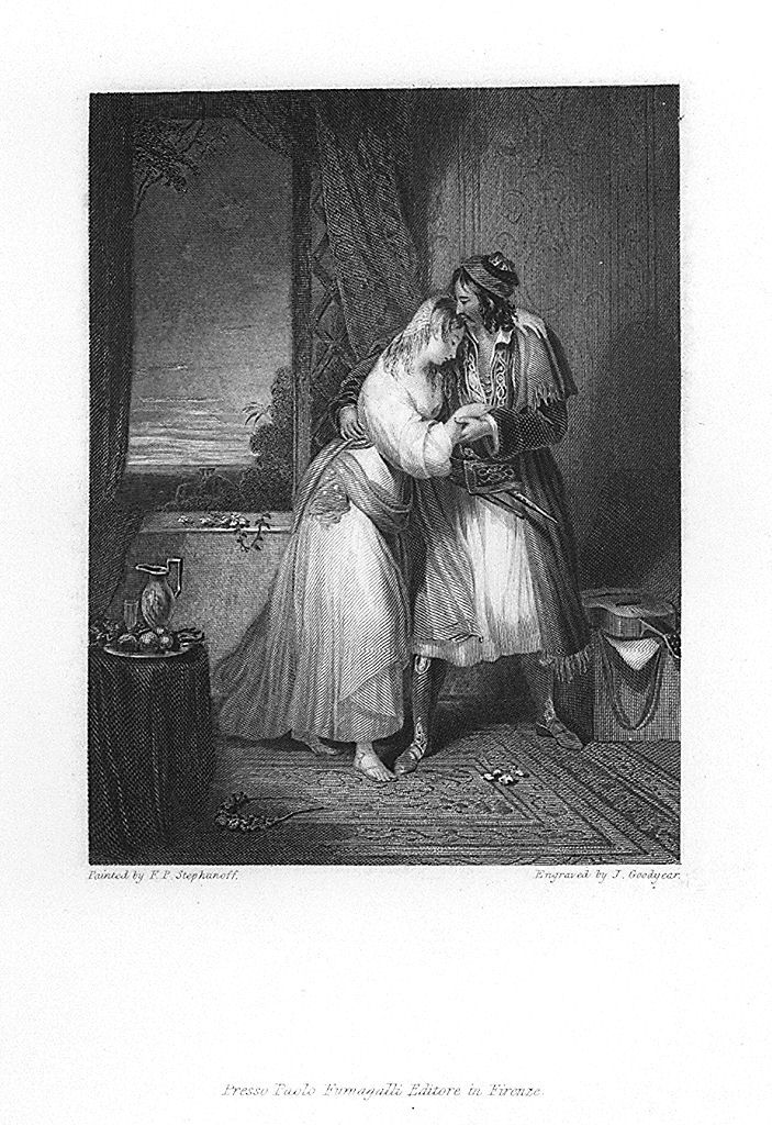 Medora abbraccia lo sposo Corrado (stampa, elemento d'insieme) di Goodyear Joseph, Stephanoff Francis Philip (sec. XIX)