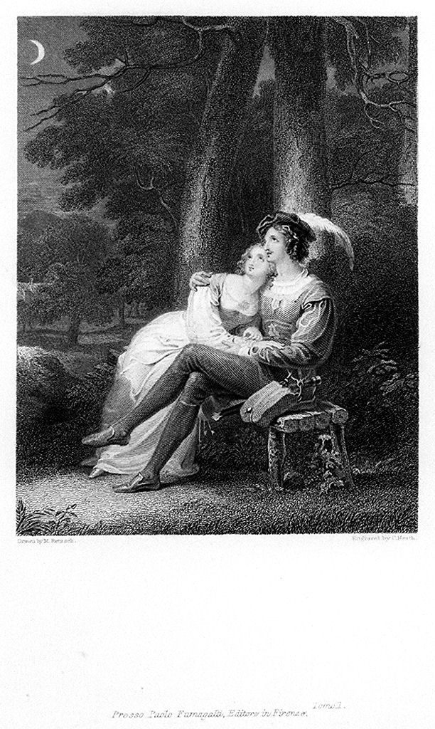 coppia di innamorati al chiaro di luna (stampa, elemento d'insieme) di Heath Charles il Vecchio (sec. XIX)