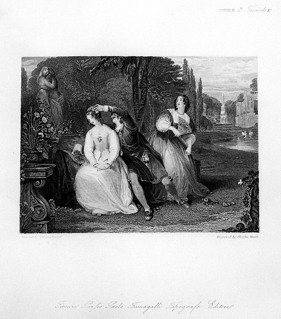 figura maschile seduta su una panchina tra due donne (stampa, elemento d'insieme) di Heath Charles il Vecchio, Stephanoff Francis Philip (sec. XIX)