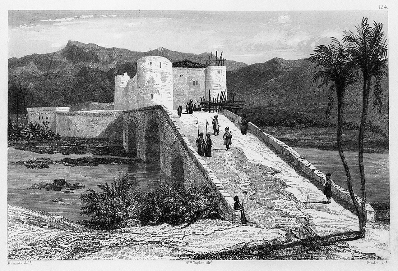 veduta di un ponte e di una fortezza sul fiume Giordano a Gerusalemme (stampa smarginata, elemento d'insieme) di Finden William (sec. XIX)