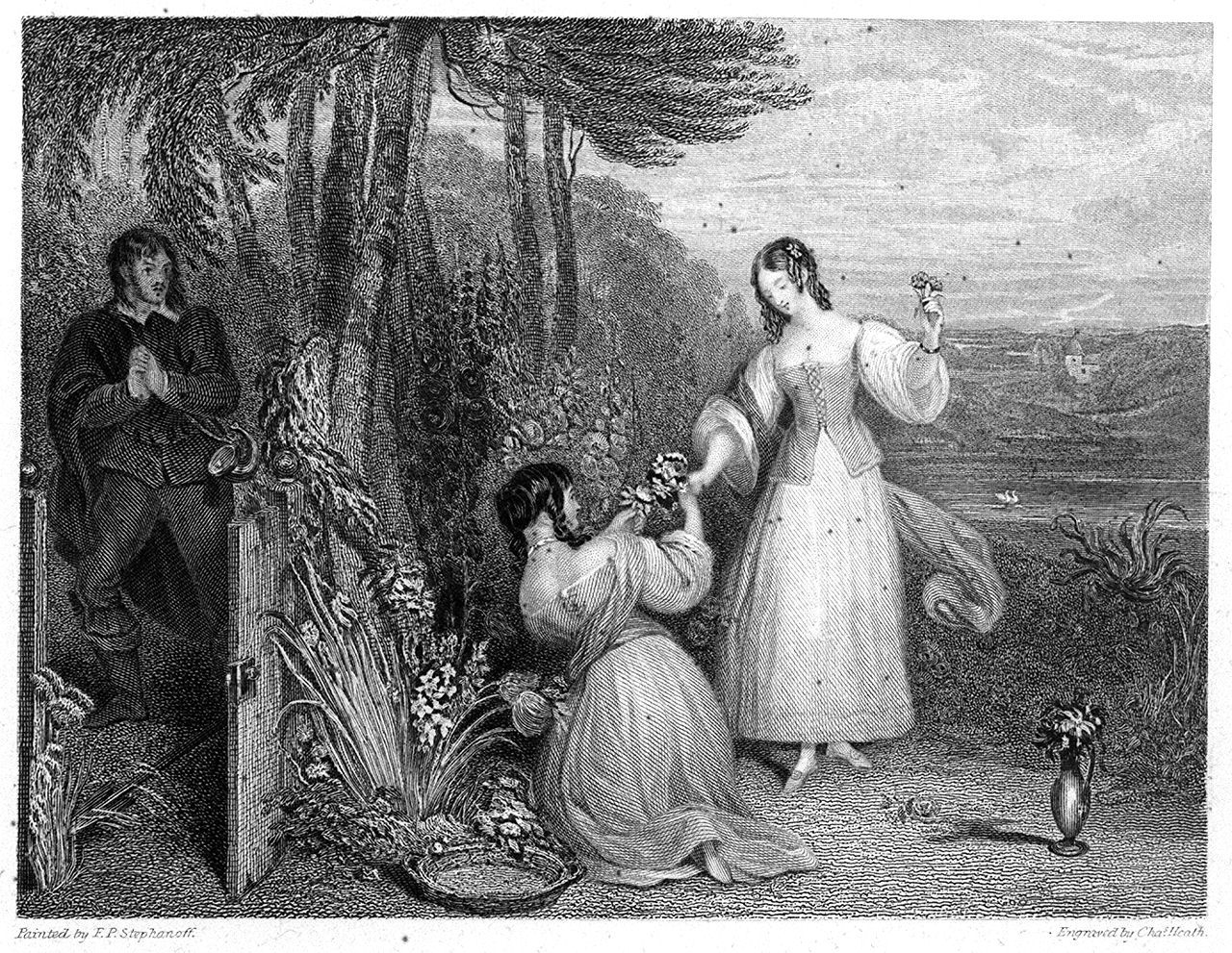 giovani donne raccolgono fiori sotto lo sguardo di un cacciatore (stampa, elemento d'insieme) di Heath Charles il Vecchio, Stephanoff Francis Philip (sec. XIX)