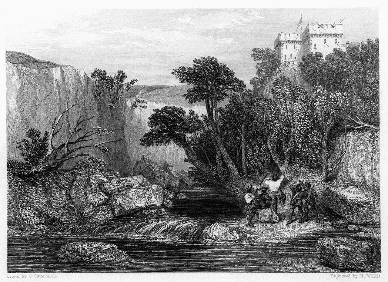 conte di Lindsay si reca al castello di Loch Leven (stampa, elemento d'insieme) di Wallis Robert (sec. XIX)