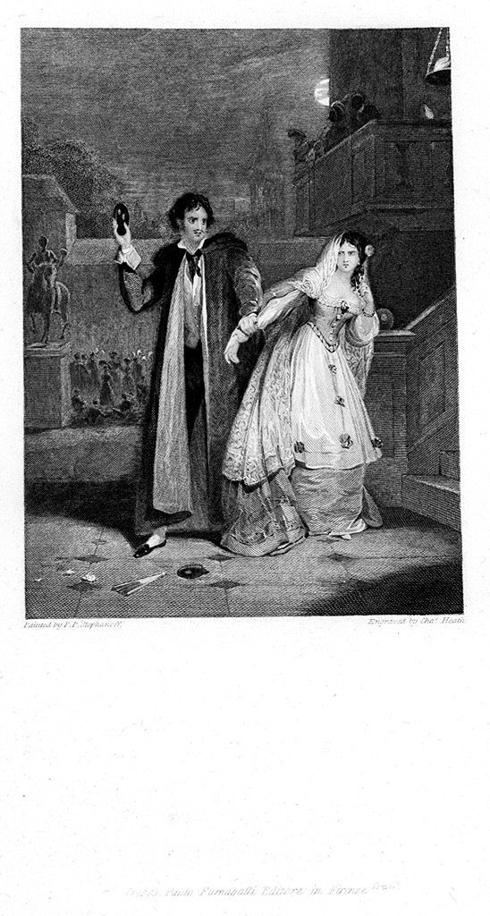 uomo che si smaschera di fronte a una donna (stampa, elemento d'insieme) di Heath Charles il Vecchio, Stephanoff Francis Philip (sec. XIX)