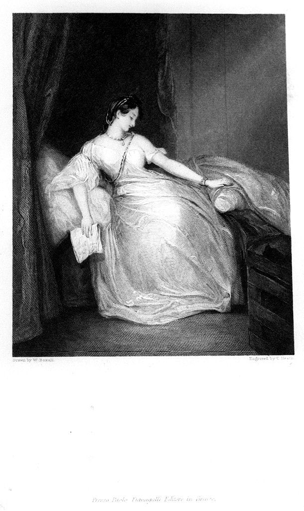 Imogene seduta sul letto con una lettera in mano (stampa, elemento d'insieme) di Heath Charles il Vecchio (sec. XIX)