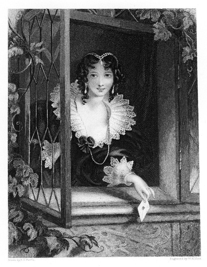 giovane donna lascia cadere una lettera dalla finestra (stampa, elemento d'insieme) di Mote William Henry (sec. XIX)