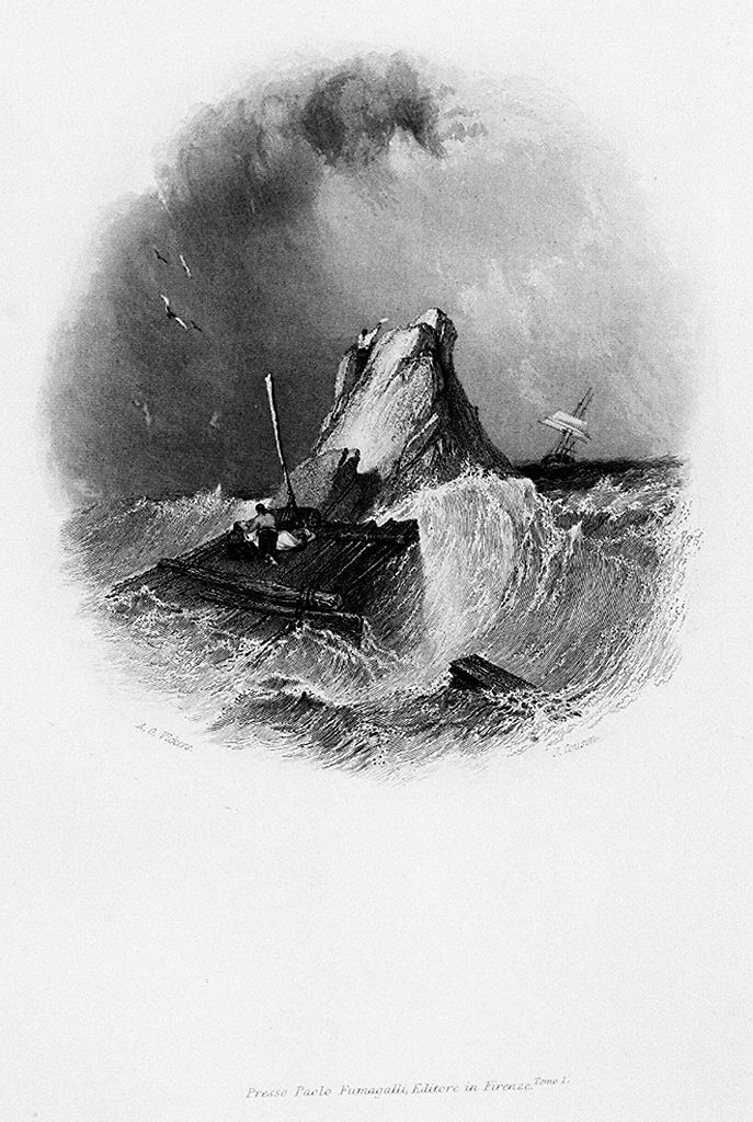 naufraghi su una zattera con mare in tempesta (stampa, elemento d'insieme) di Cousen John (sec. XIX)