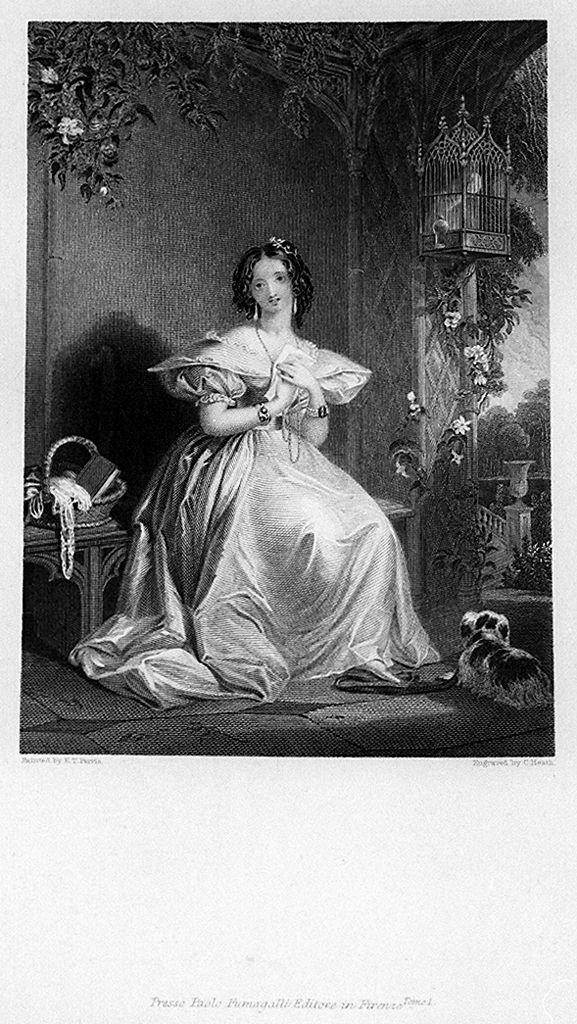 giovane donna sotto una pergola (stampa, elemento d'insieme) di Heath Charles il Vecchio (sec. XIX)