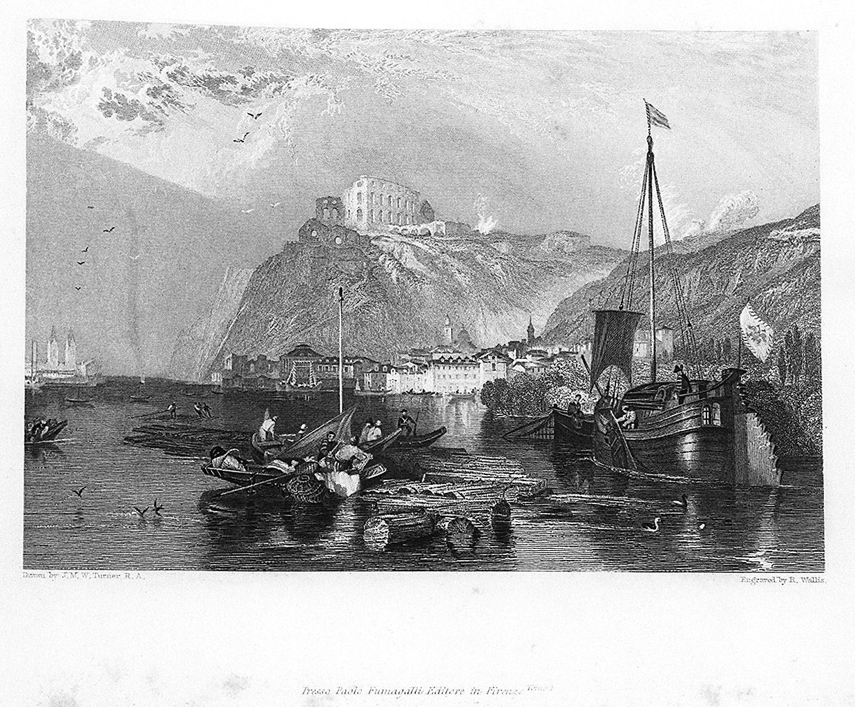 marina con veduta della fortezza di Ehrenbreitstein (stampa, elemento d'insieme) di Wallis Robert (sec. XIX)