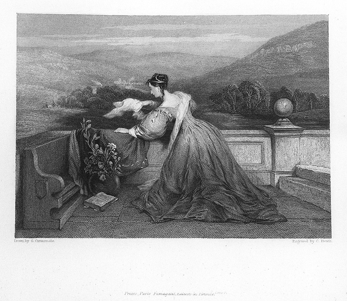 giovane donna saluta dal balcone (stampa, elemento d'insieme) di Heath Charles il Vecchio (sec. XIX)