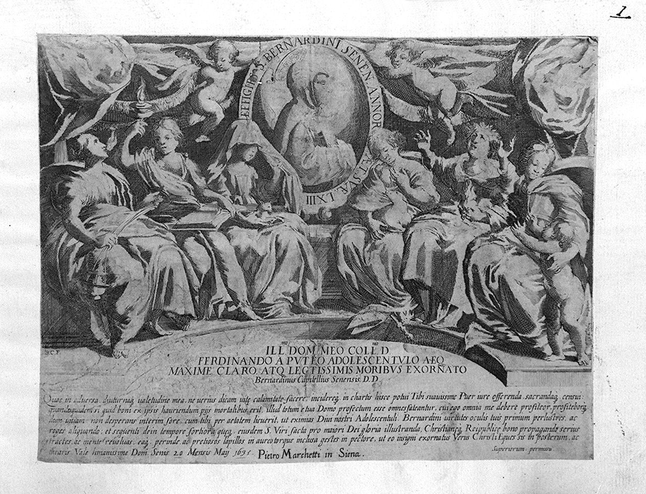 San Bernardino da Siena (stampa smarginata, elemento d'insieme) di Capitelli Bernardino (sec. XVII)