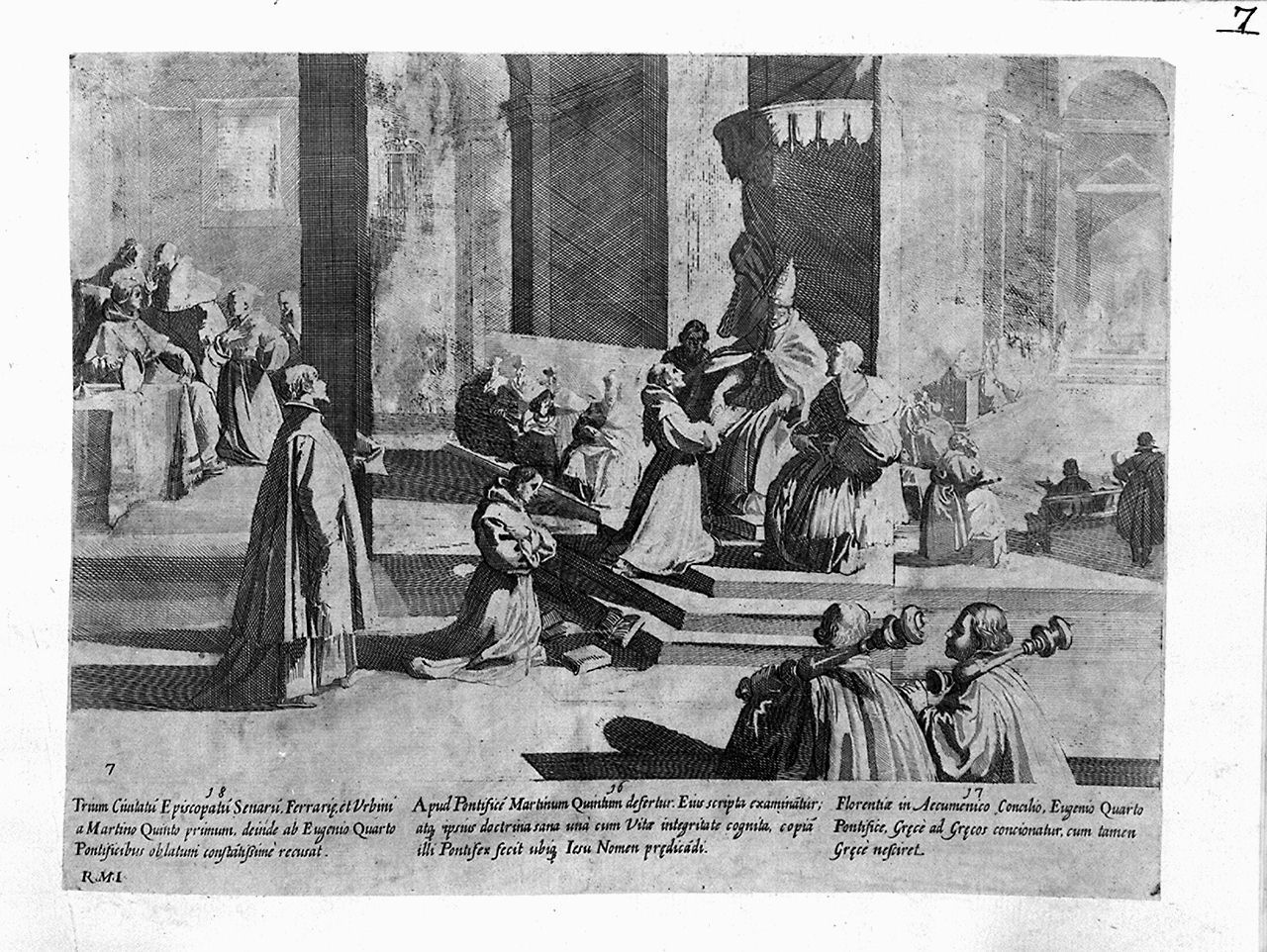 episodi della vita di San Bernardino da Siena (stampa smarginata, elemento d'insieme) di Capitelli Bernardino, Manetti Rutilio (sec. XVII)
