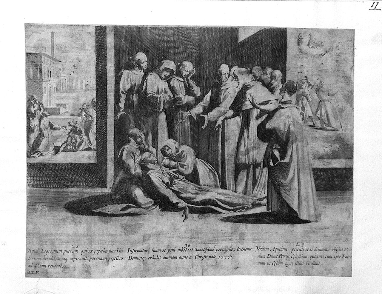 episodi della vita di San Bernardino da Siena (stampa smarginata, elemento d'insieme) di Capitelli Bernardino (sec. XVII)